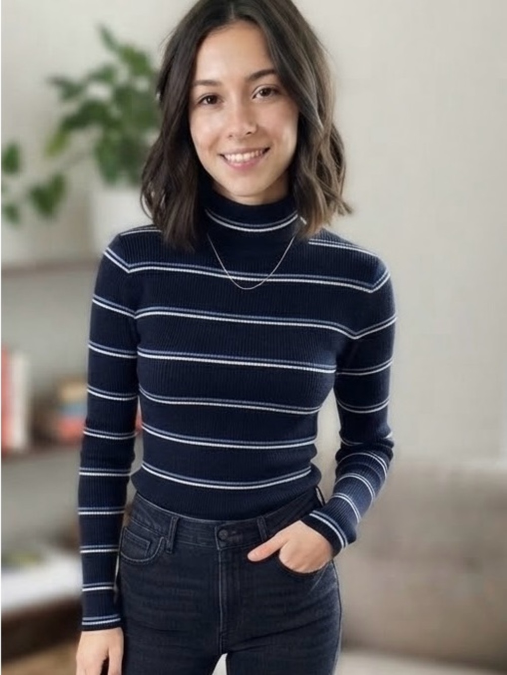 Talbots Navy and White Striped Ribbed Turtleneck Sweater